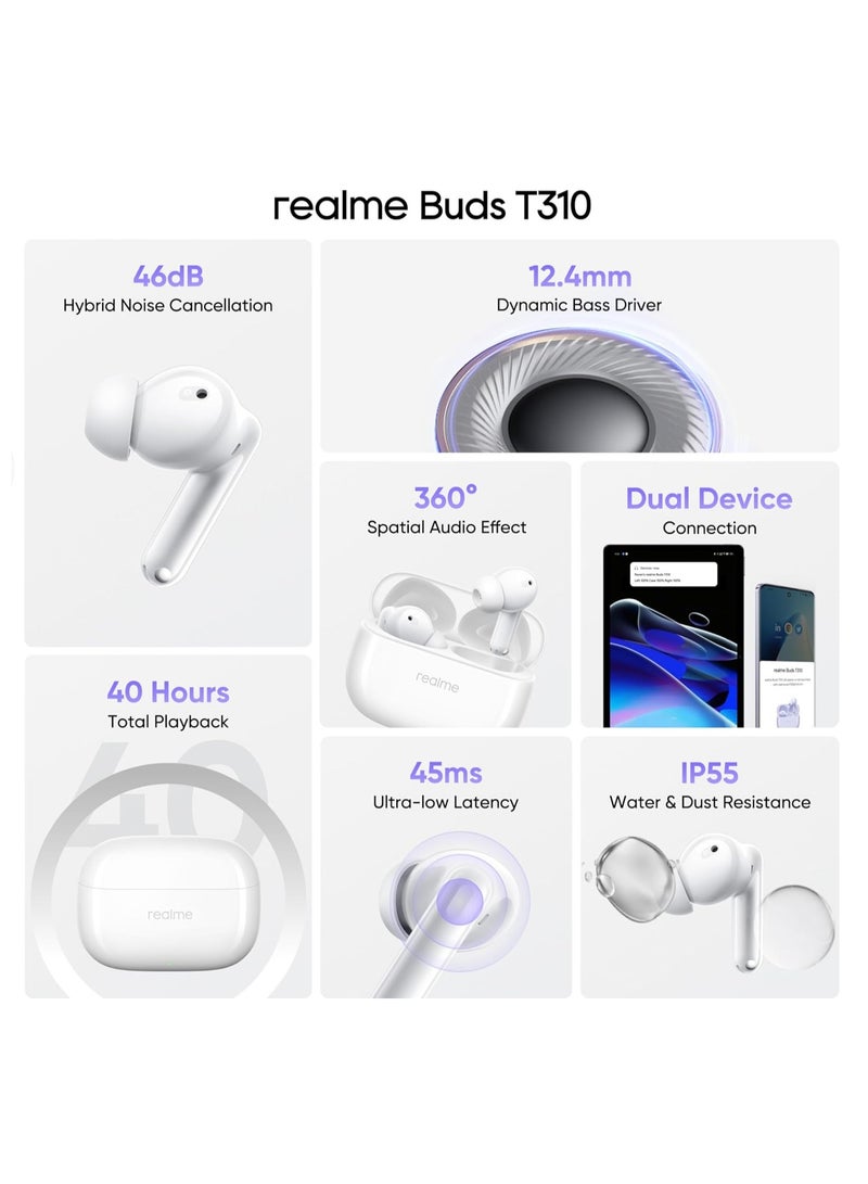 Buds T310 Truly Wireless in-Ear Earbuds with 46dB Hybrid ANC, 12.4mm Dynamic Bass Driver, Upto 40Hrs Battery and Fast Charging Agile White
