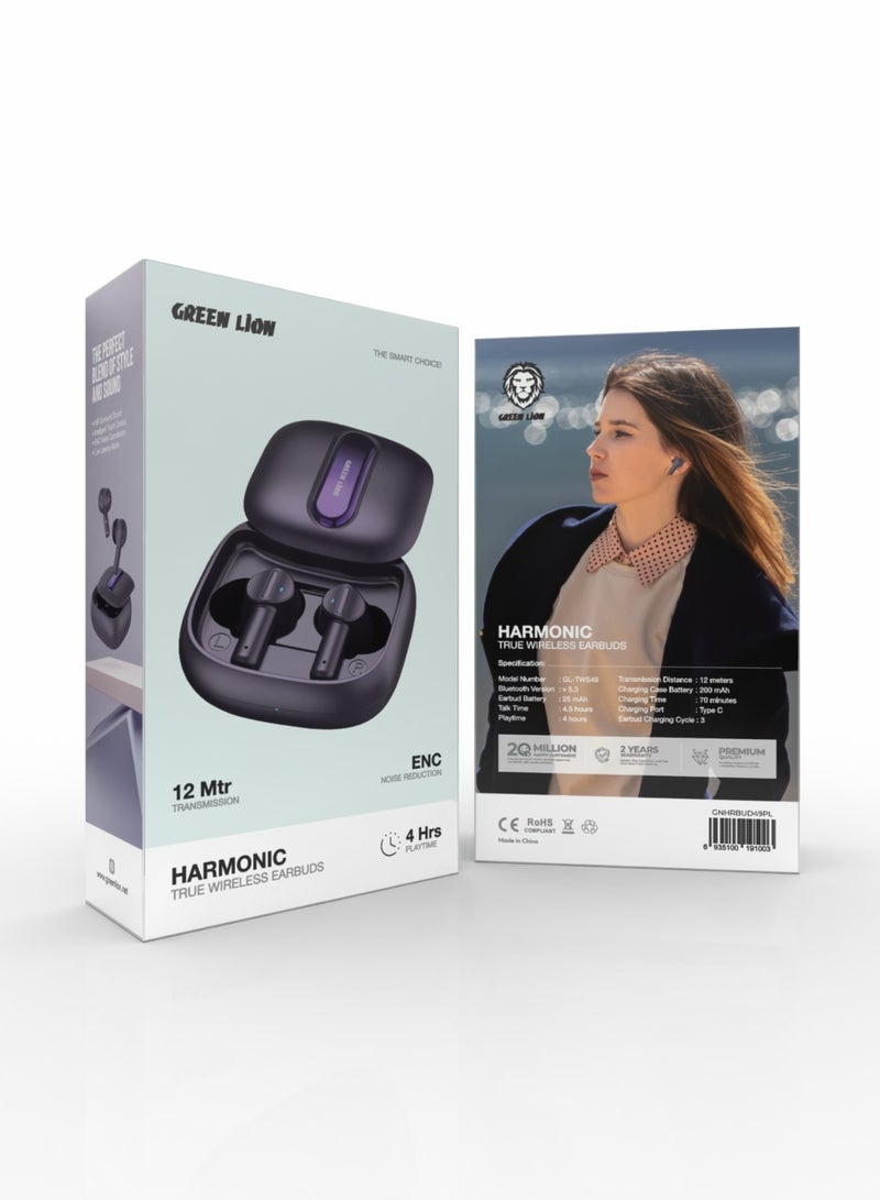 Harmonic True Wireless Earbuds / Long Range Transmission Distance / ENC Noise Reduction / V5.3 Bluetooth / Multi-Function Touch / Low Latency Mode / Considerable Playing Time - Purple