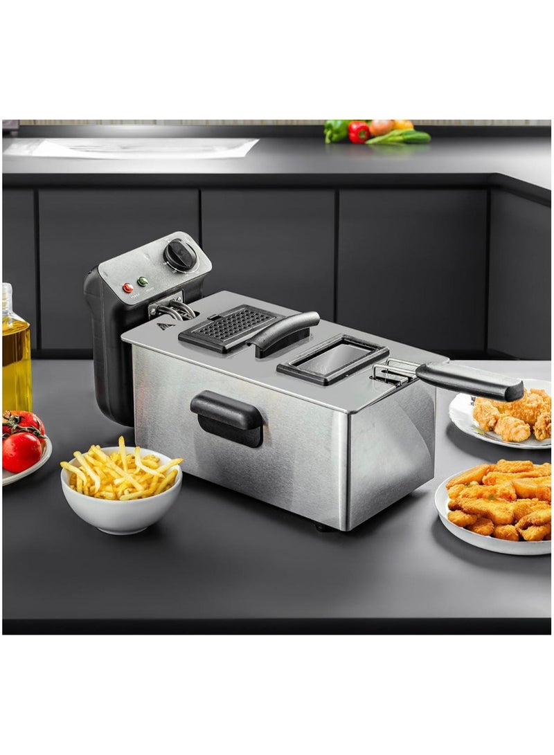 Deep Fryer with Adjustable Thermostat, 3L Oil Capacity, Removable Enamel Pot, Frying Basket with Handle, Fully Immersible Heating Element, Stainless Steel Housing – Perfect for Fries, Wings, Tempura, Donuts, and More 2000W