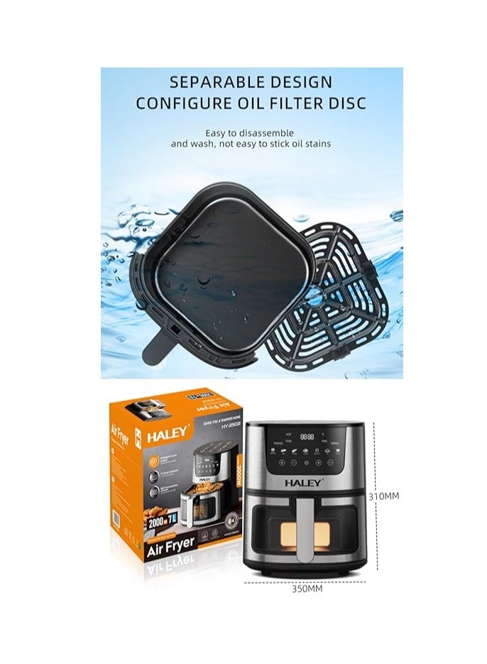 Wtrtr HALEY Air Fryer 7L with Window, 2000W stainless steel air fryer oven led touch screen oilless, ptfe free, dishwasher safe,2 Years Warranty (7L)