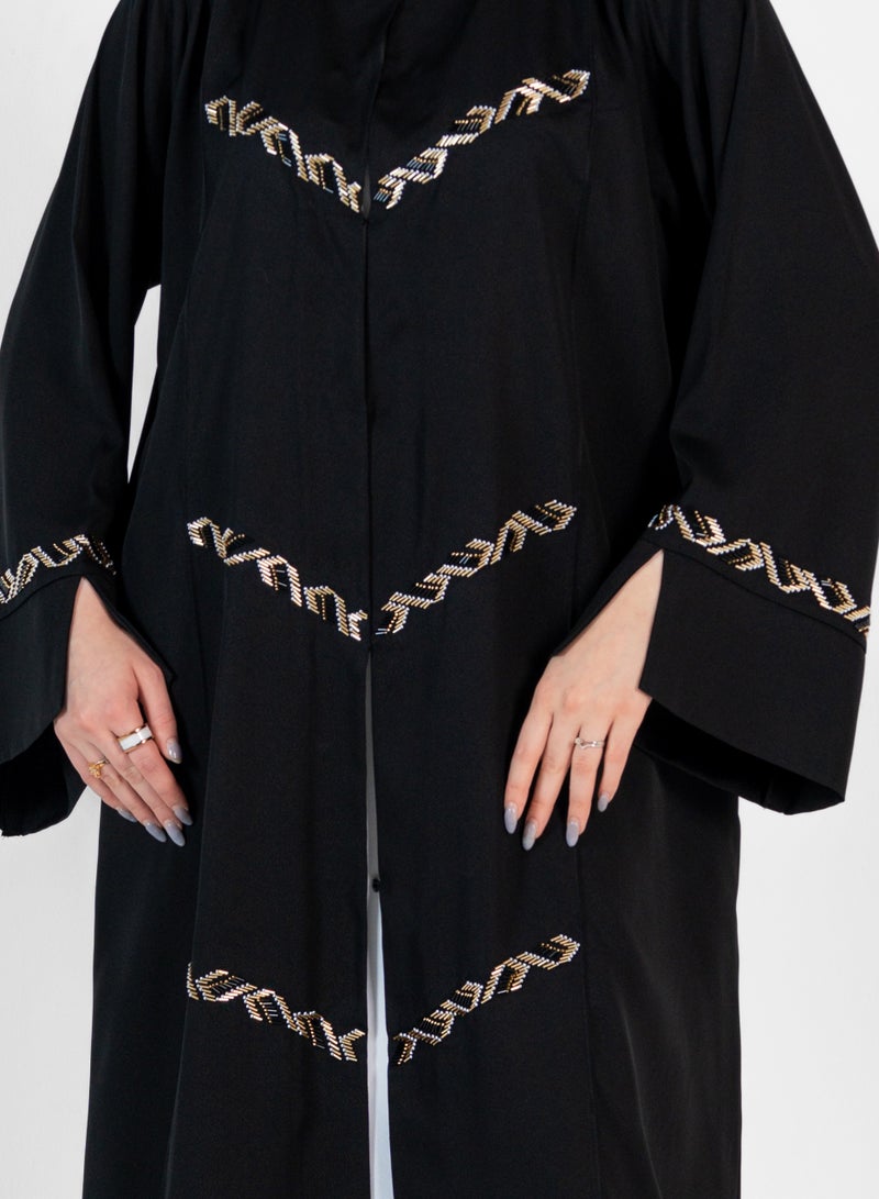 Elegant Black Abaya with Gold Embroidery  Design & High Neck- Open Side