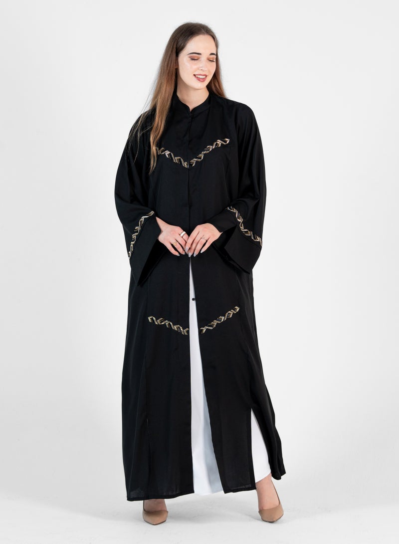 Elegant Black Abaya with Gold Embroidery  Design & High Neck- Open Side