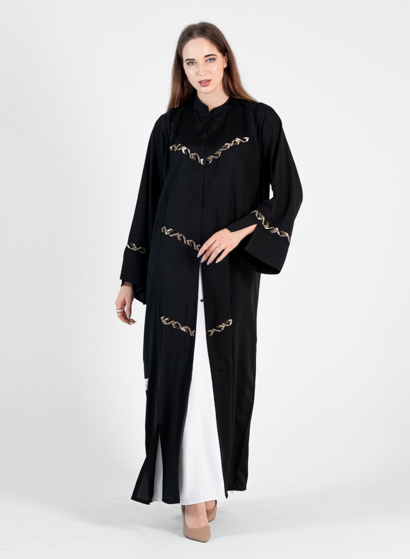 Elegant Black Abaya with Gold Embroidery  Design & High Neck- Open Side