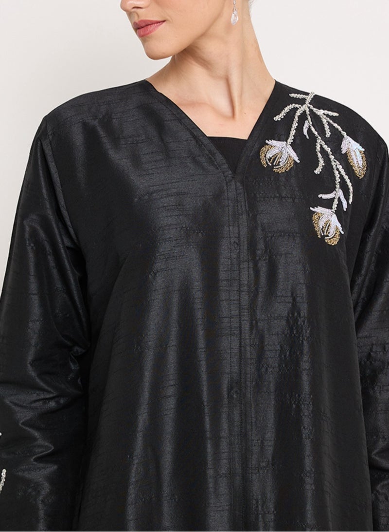 Black Abaya with tulip Flowers hand embroidery