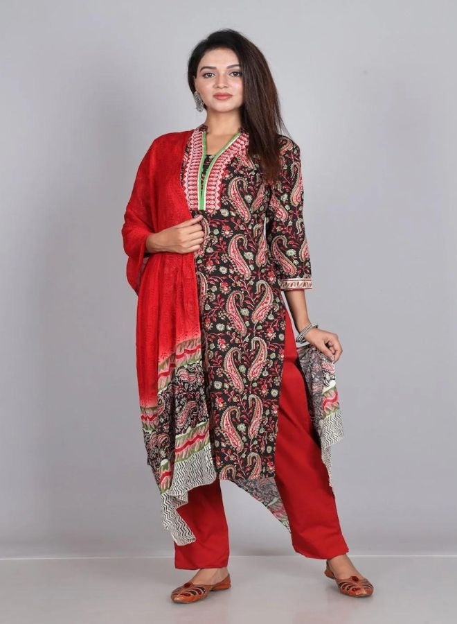 Rozana Black & Red Chiffon Dupatta Set