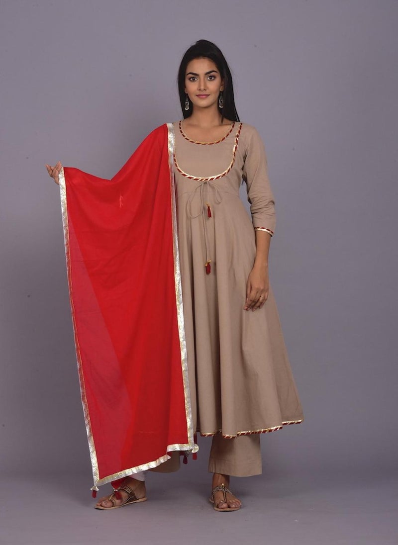 Biscuit And Red Kurta Palazzo Dupatta Set