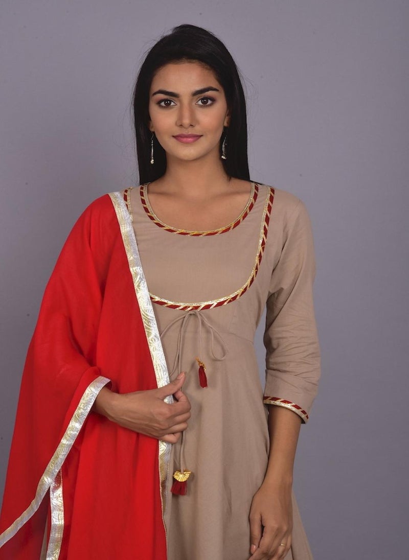 Biscuit And Red Kurta Palazzo Dupatta Set