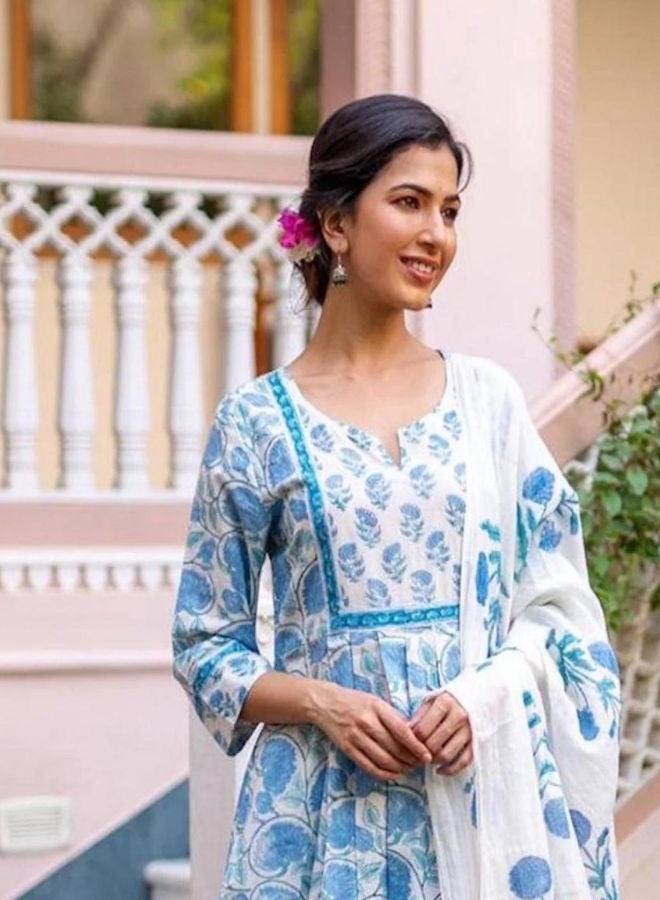 Sky Blue Jaal Printed Kurta Dupatta Set