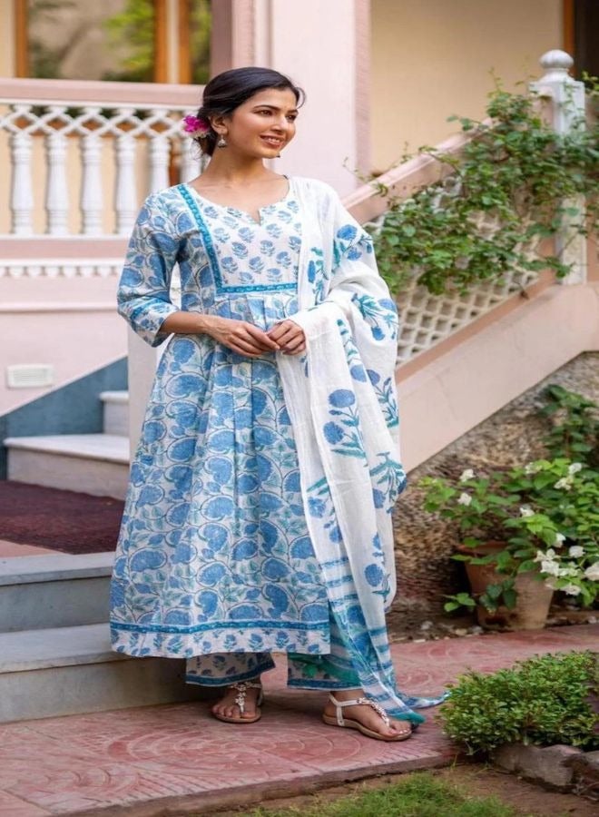 Sky Blue Jaal Printed Kurta Dupatta Set