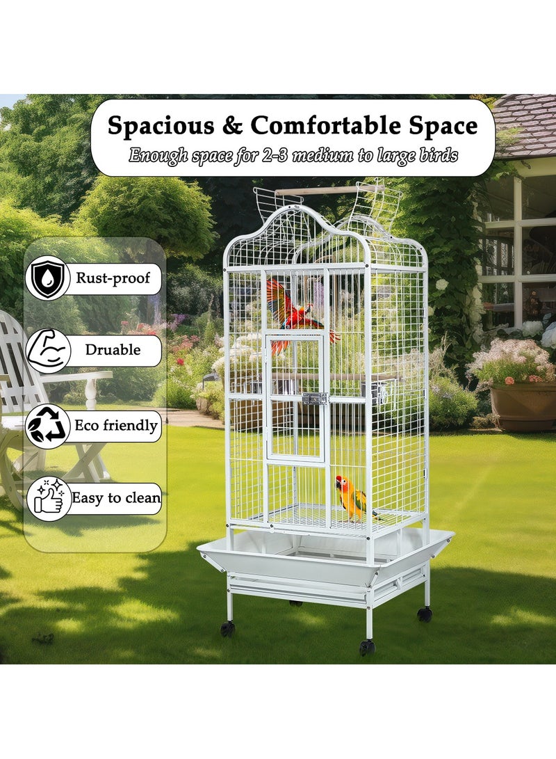 Birdcage for Small to medium-sized birds, Durable metal bird cage with Open-top design, Feeding bowls, Wooden perches, Removable tray, and Universal wheels 172 cm (White)