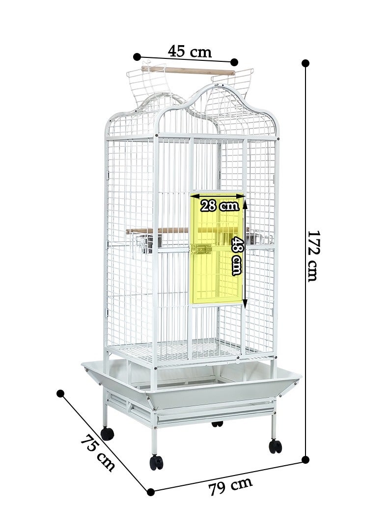 Birdcage for Small to medium-sized birds, Durable metal bird cage with Open-top design, Feeding bowls, Wooden perches, Removable tray, and Universal wheels 172 cm (White)