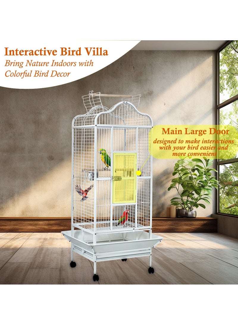 Birdcage for Small to medium-sized birds, Durable metal bird cage with Open-top design, Feeding bowls, Wooden perches, Removable tray, and Universal wheels 172 cm (White)