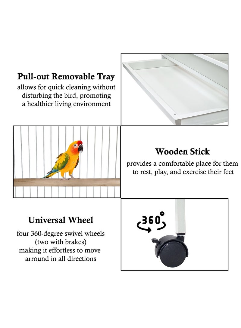 Birdcage for Small to medium-sized birds, Durable metal bird cage with Open-top design, Feeding bowls, Wooden perches, Removable tray, and Universal wheels 172 cm (White)