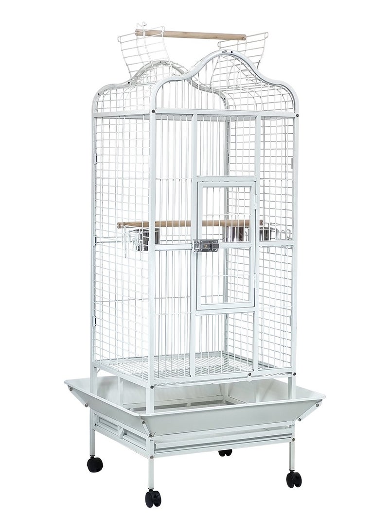 Birdcage for Small to medium-sized birds, Durable metal bird cage with Open-top design, Feeding bowls, Wooden perches, Removable tray, and Universal wheels 172 cm (White)