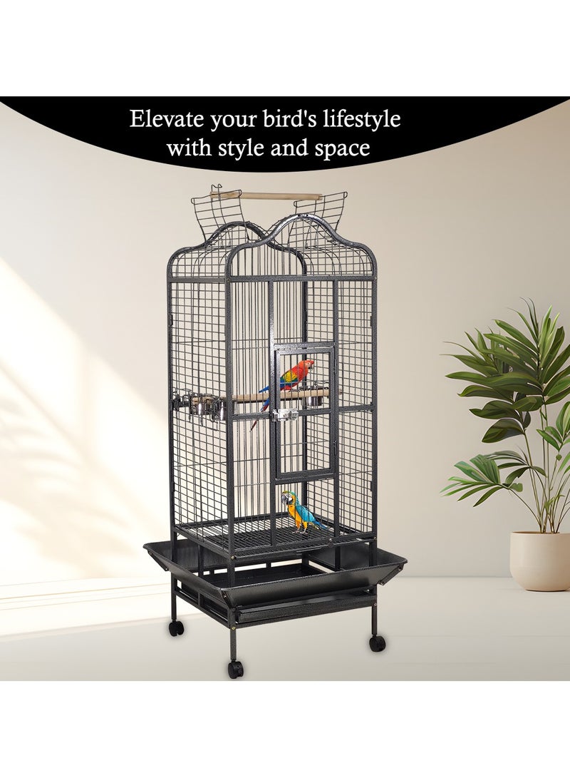 Birdcage for Small to medium-sized birds, Durable metal bird cage with Open-top design, Feeding bowls, Wooden perches, Removable tray, and Universal wheels 172 cm (Black)