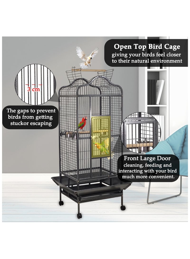 Birdcage for Small to medium-sized birds, Durable metal bird cage with Open-top design, Feeding bowls, Wooden perches, Removable tray, and Universal wheels 172 cm (Black)