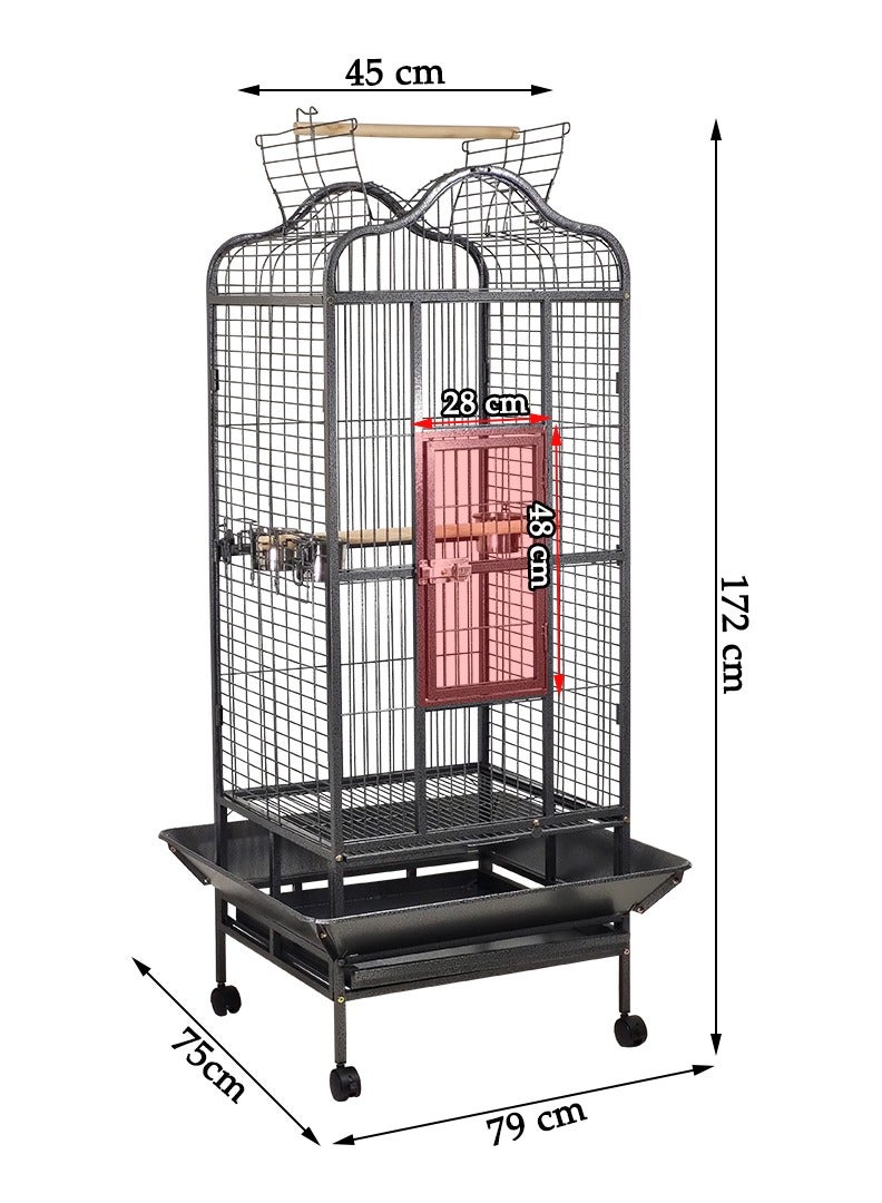 Birdcage for Small to medium-sized birds, Durable metal bird cage with Open-top design, Feeding bowls, Wooden perches, Removable tray, and Universal wheels 172 cm (Black)