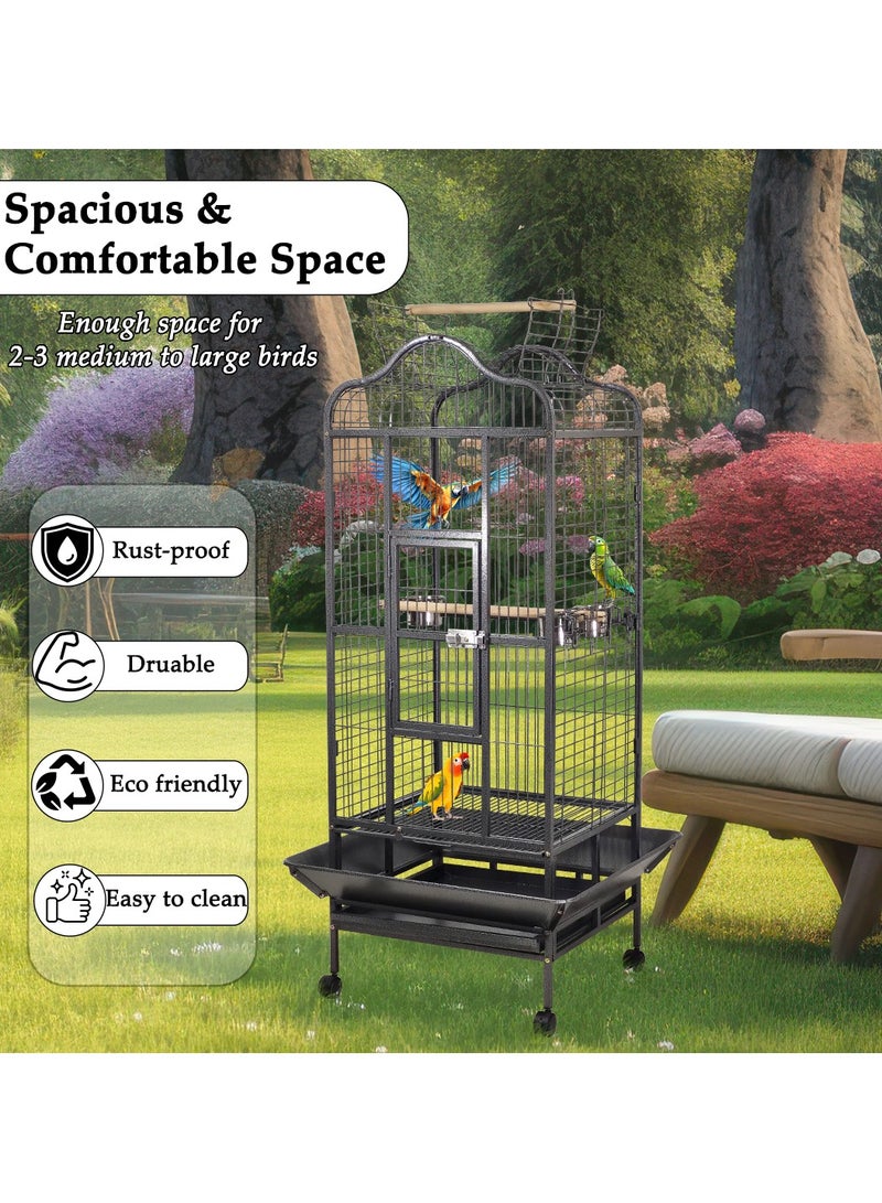 Birdcage for Small to medium-sized birds, Durable metal bird cage with Open-top design, Feeding bowls, Wooden perches, Removable tray, and Universal wheels 172 cm (Black)