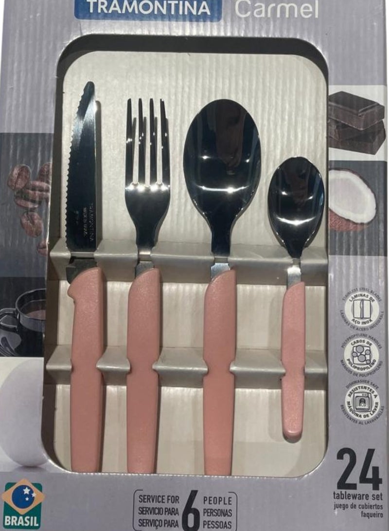 Made Brazil Carmel 24 Pieces Stainless Steel Flatware Set with Pink Polypropylene Handles