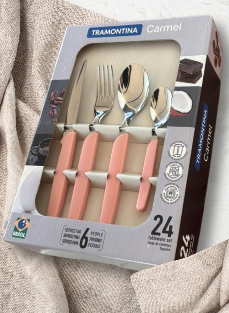 Made Brazil Carmel 24 Pieces Stainless Steel Flatware Set with Pink Polypropylene Handles