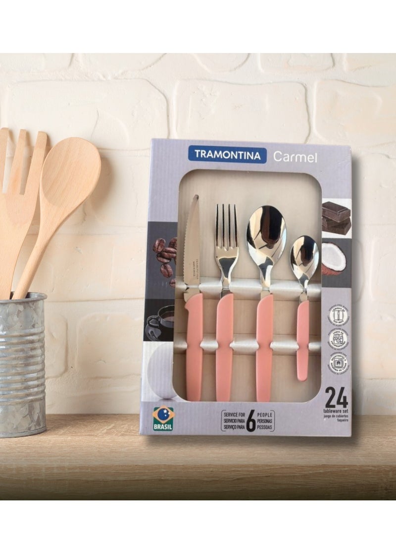 Made Brazil Carmel 24 Pieces Stainless Steel Flatware Set with Pink Polypropylene Handles