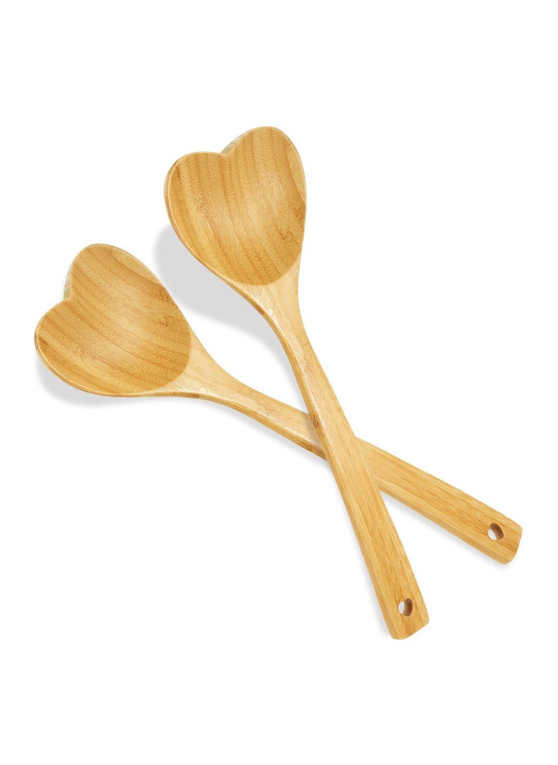 Syosi 2 Pieces Kitchen Bamboo Cooking Spoon Set 12.2 Inch Long Handle Heart Shaped Bamboo Kitchen Utensils Wooden Serving Mixing Spoon