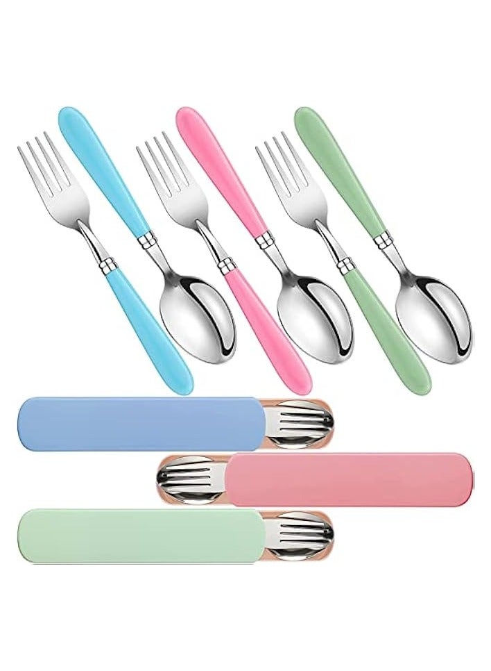 Kids Utensils Stainless Steel Fork and Spoon Set Child Stainless Steel Flatware Set with Silicone Round Handle Safe Cutlery Set with Travel Cases(3 Sets)