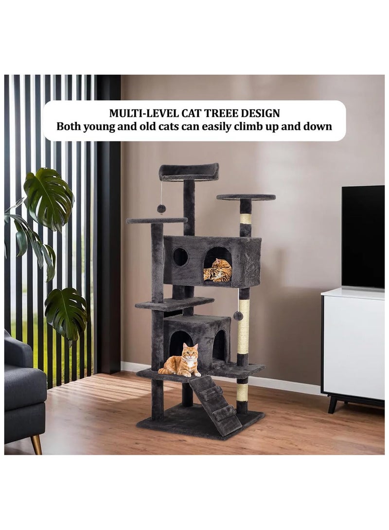 Cat tree with Multiple perches, Dangling ball, Sisal scratching post, Double condos, and Climbing ladder, Multi-level cat tree tower for indoor cats 132 cm (Black)