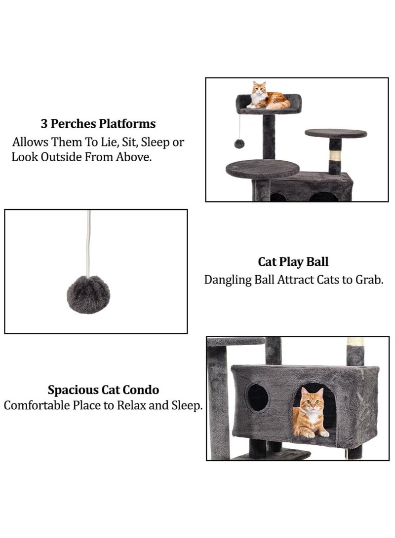 Cat tree with Multiple perches, Dangling ball, Sisal scratching post, Double condos, and Climbing ladder, Multi-level cat tree tower for indoor cats 132 cm (Black)