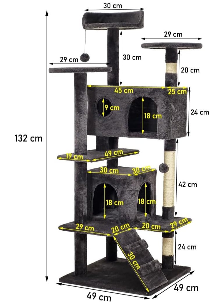 Cat tree with Multiple perches, Dangling ball, Sisal scratching post, Double condos, and Climbing ladder, Multi-level cat tree tower for indoor cats 132 cm (Black)