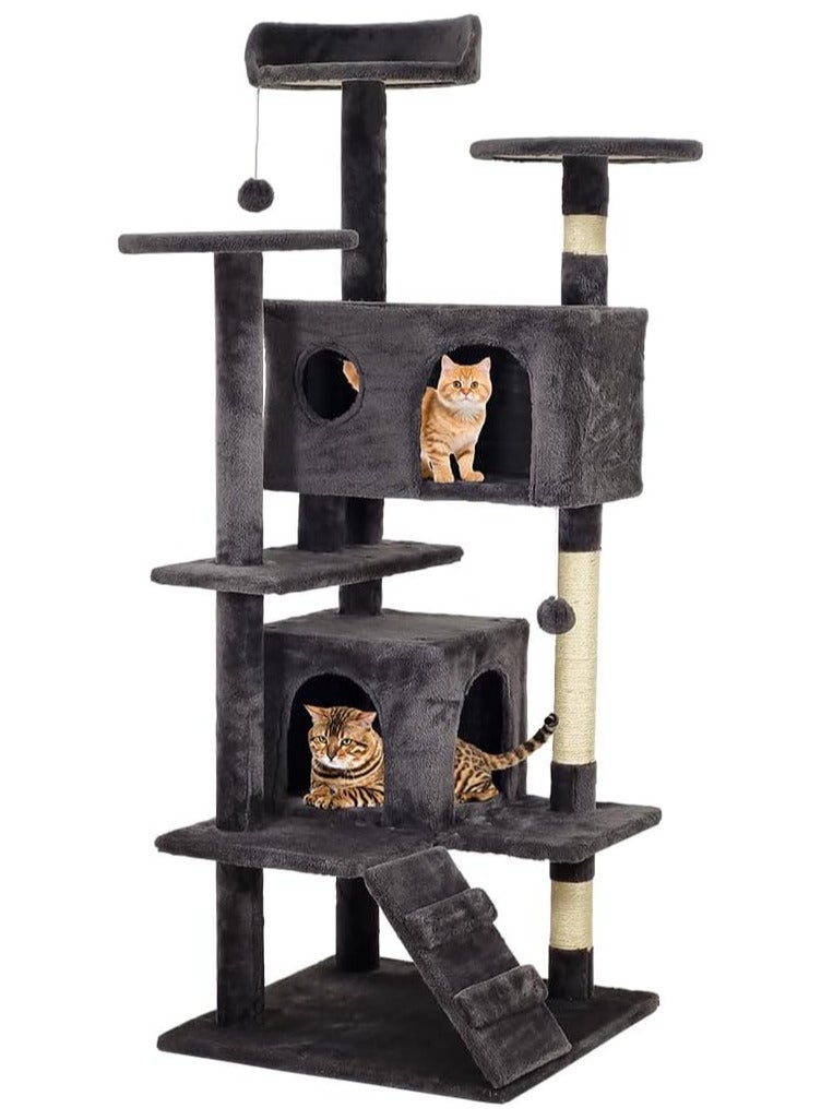 Cat tree with Multiple perches, Dangling ball, Sisal scratching post, Double condos, and Climbing ladder, Multi-level cat tree tower for indoor cats 132 cm (Black)