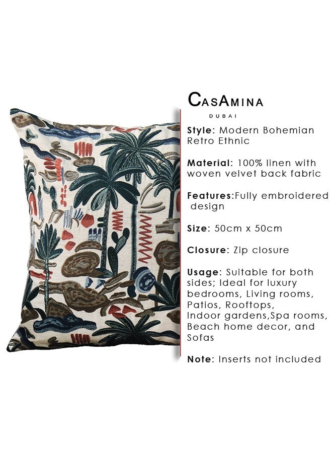 Beautiful Modern | Bohemian | Retro Ethnic Style | Fully Embroidered  | Throw Pillow Cover | 100% Linen Ground with Woven Velvet Back Fabric| Suitable To Be Used Both Sides| For Luxury Bedrooms, Livingrooms, Patios, Rooftops, Indoor Gardens, Spa Rooms, Beach Home Decor and Sofas. 50cm x 50cm | Zip closure