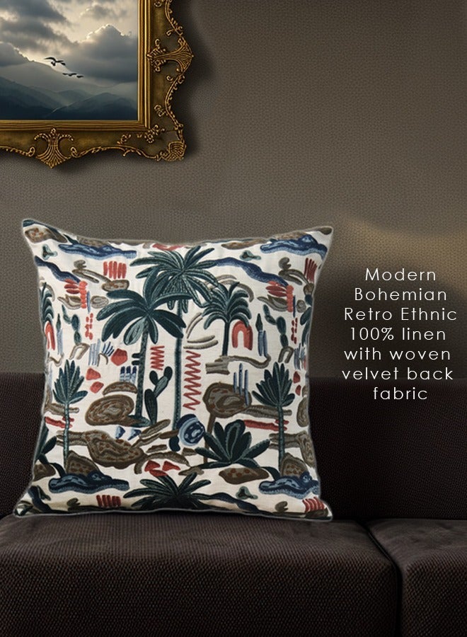 Beautiful Modern | Bohemian | Retro Ethnic Style | Fully Embroidered  | Throw Pillow Cover | 100% Linen Ground with Woven Velvet Back Fabric| Suitable To Be Used Both Sides| For Luxury Bedrooms, Livingrooms, Patios, Rooftops, Indoor Gardens, Spa Rooms, Beach Home Decor and Sofas. 50cm x 50cm | Zip closure