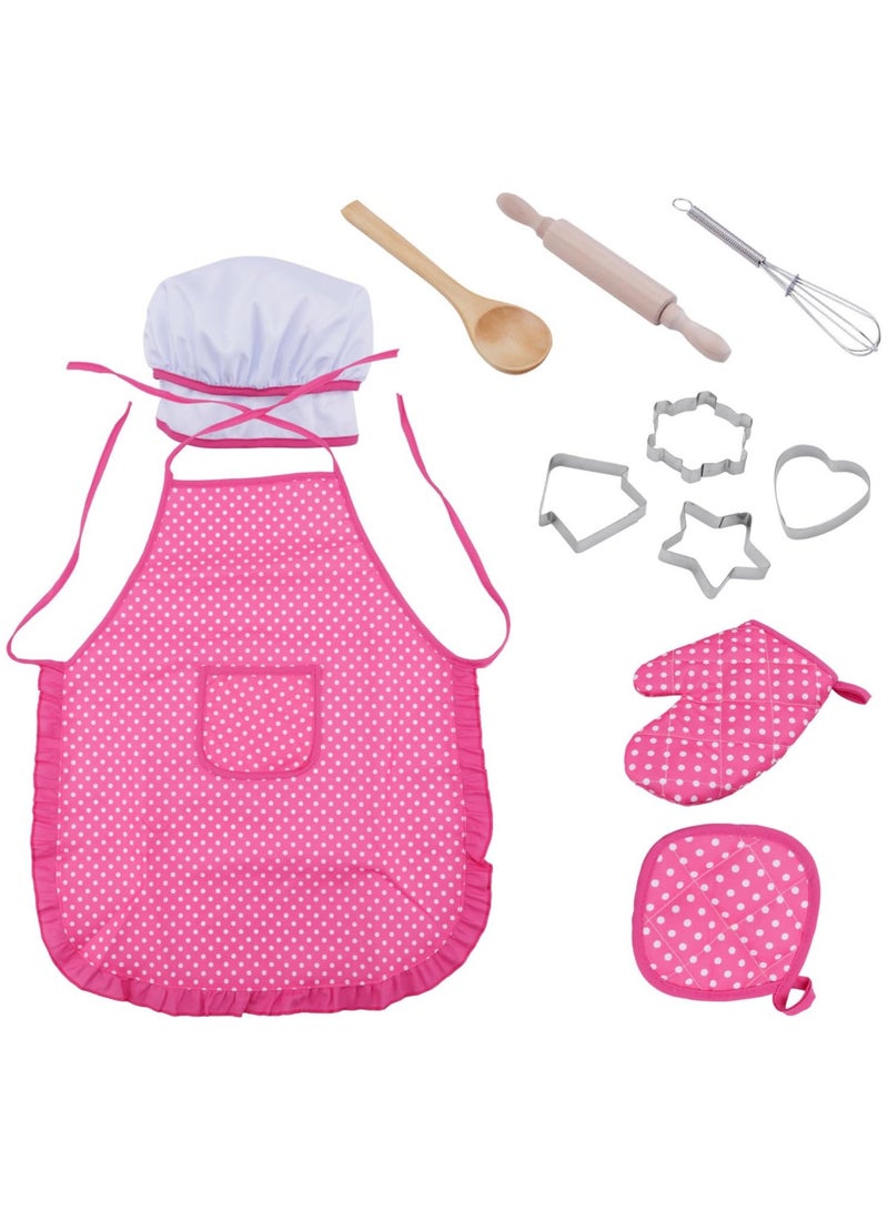 11-Piece Polka Dot Kids Kitchen Cooking Play With Apron And Chef Hat Set 40x38x2cm