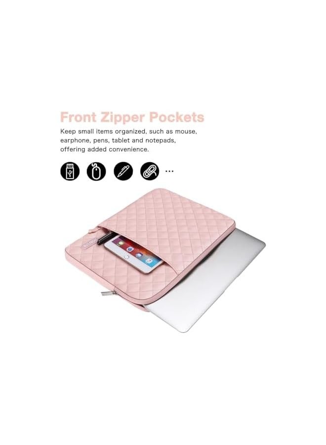 Laptop Sleeve Compatible with MacBook Air/Pro, 13-13.3 inch Notebook, Compatible with MacBook Pro 14 inch M3 M2 M1 2024-2021, Square Quilted Vertical Bag with Pocket&Small Case, Chalk Pink