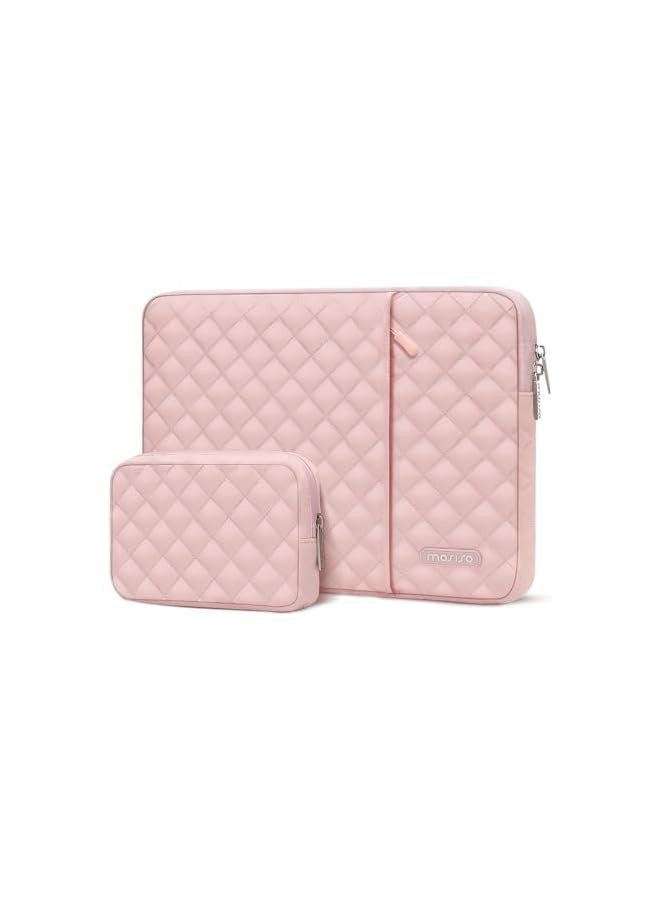 Laptop Sleeve Compatible with MacBook Air/Pro, 13-13.3 inch Notebook, Compatible with MacBook Pro 14 inch M3 M2 M1 2024-2021, Square Quilted Vertical Bag with Pocket&Small Case, Chalk Pink