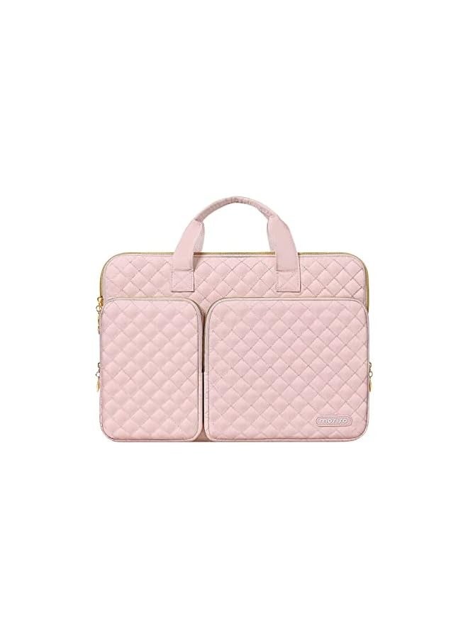 360 Protective Laptop Sleeve Compatible with MacBook Air/Pro,13-13.3 inch Notebook,Compatible with MacBook Pro 14 M3 M2 M1 2024-2021, Square Quilted Bag with 2 Pockets&Handle&Belt, Chalk Pink