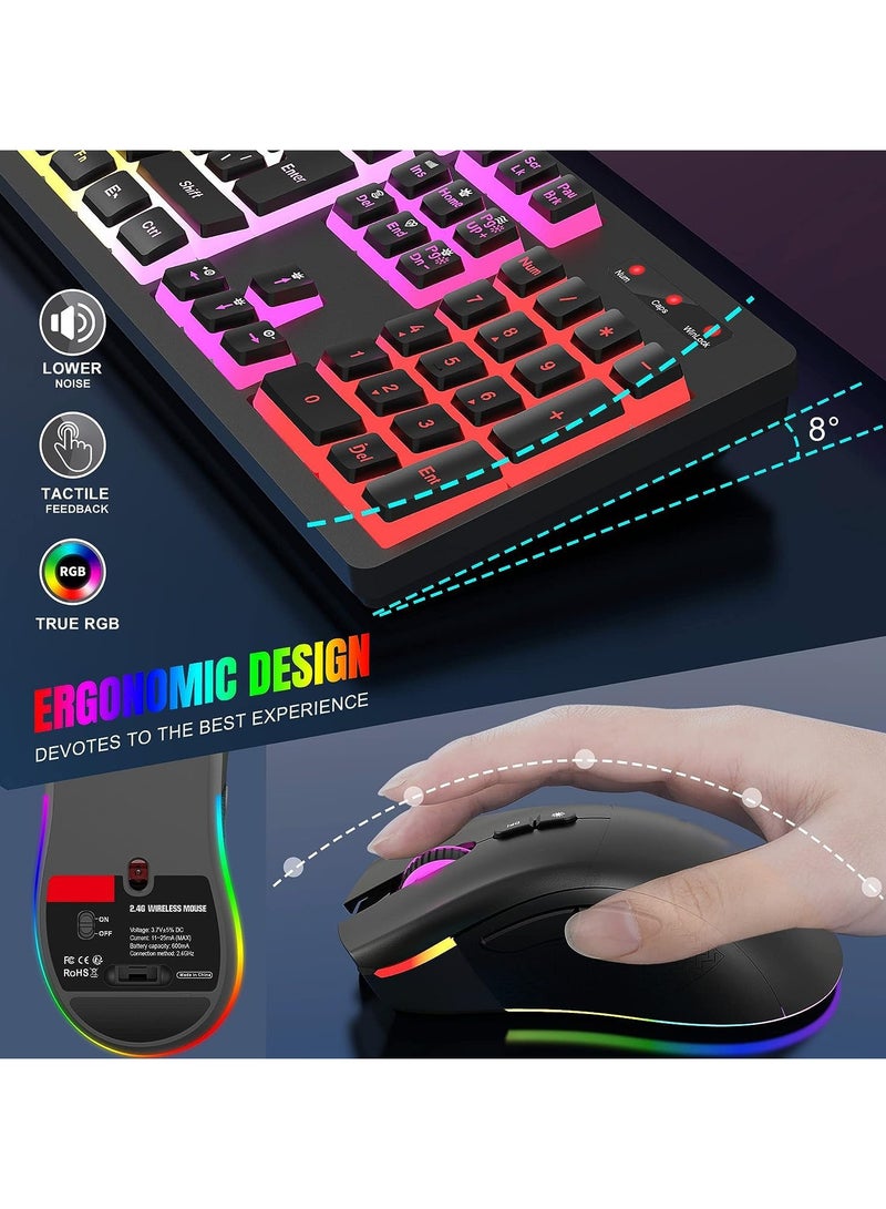 Wireless Gaming Keyboard and Mouse Combo, RGB Rechargeable 3000mAh Battery, Pudding Keycaps Anti-ghosting Keyboard + 7D 4800DPI Vertical Feel Wireless Mouse for PC Gamer (Black)