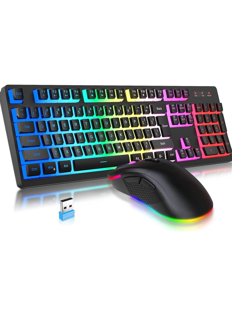 Wireless Gaming Keyboard and Mouse Combo, RGB Rechargeable 3000mAh Battery, Pudding Keycaps Anti-ghosting Keyboard + 7D 4800DPI Vertical Feel Wireless Mouse for PC Gamer (Black)