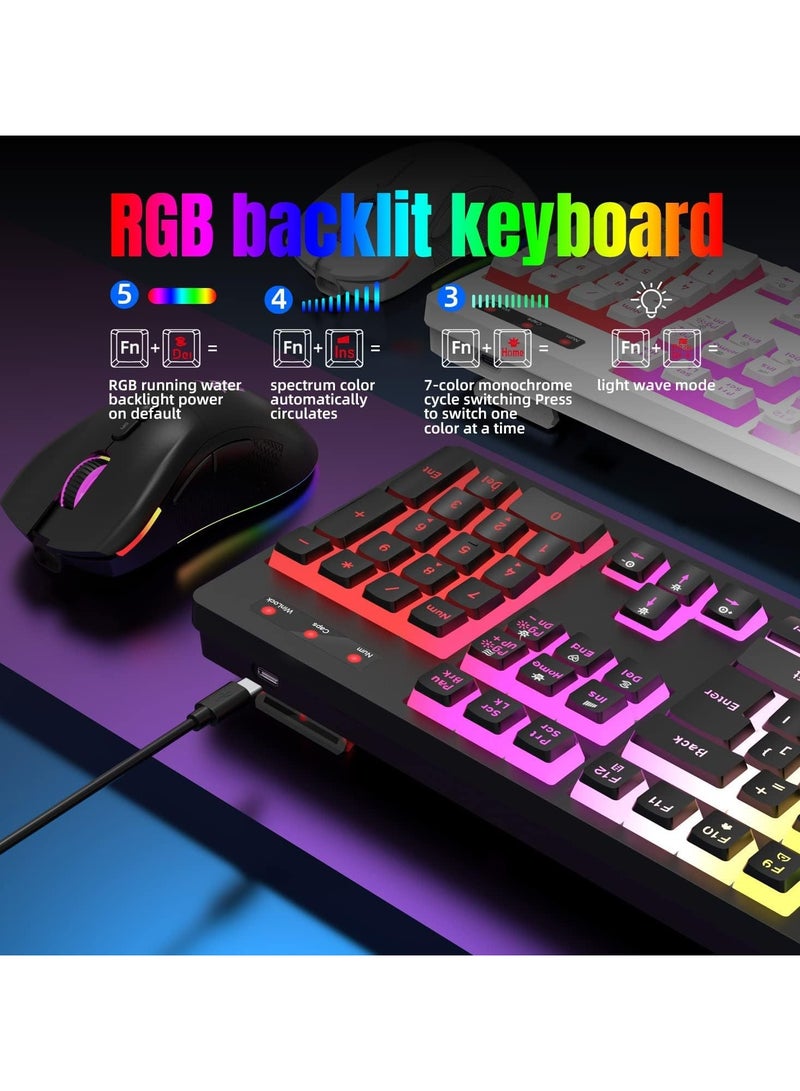 Wireless Gaming Keyboard and Mouse Combo, RGB Rechargeable 3000mAh Battery, Pudding Keycaps Anti-ghosting Keyboard + 7D 4800DPI Vertical Feel Wireless Mouse for PC Gamer (Black)