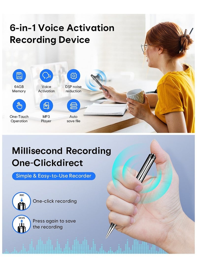 64GB Digital Voice Recorder - Voice Activated Recorder with Playback, Professional Audio Recorder for Lecture/Meeting/Course, Portable Audio Recorder Transfer File to Computer (Black)