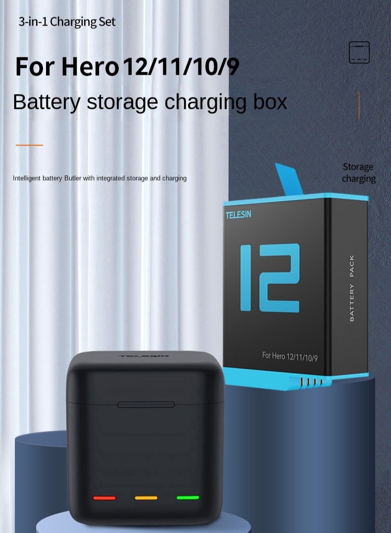 Smart Battery Organizer and Charger for GoPro Hero 12/11/10/9 – 3 Batteries + 2 SD Card Slots, 2.4A Fast Charging, Overcharge/Overcurrent/Overvoltage/Short Circuit/Temperature Protection, Type-C Input