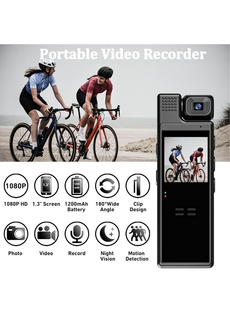 Clip Sports Camera, 180° Rotating Lens Cycling Video Recorder 1200mAh Battery 1.3 Inch Color Screen with USB Cable for Outdoor Activities