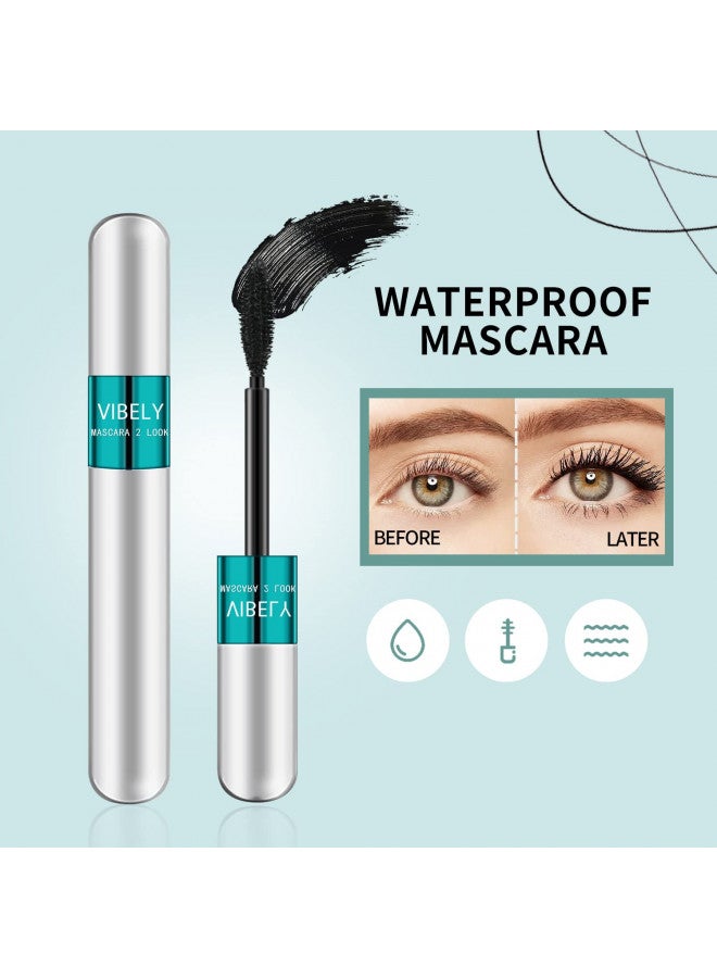 2 Pack 2 in 1 Mascara 5x Longer Waterproof Lash Cosmetics Natural Lengthening and Thickening Effect No Clumping Superstrong Magic 4d Silk Fiber For Vibely Mascara Makeup (2 Pack)