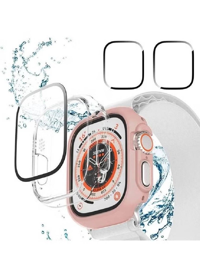 2 Case+ 2 Tempered Glass Screen Protector compatible with Apple Watch Ultra, Waterproof Separate No Foggy Tempered Glass Screen Protector with Hard PC Cover Bumper 40mm Pink+Clear