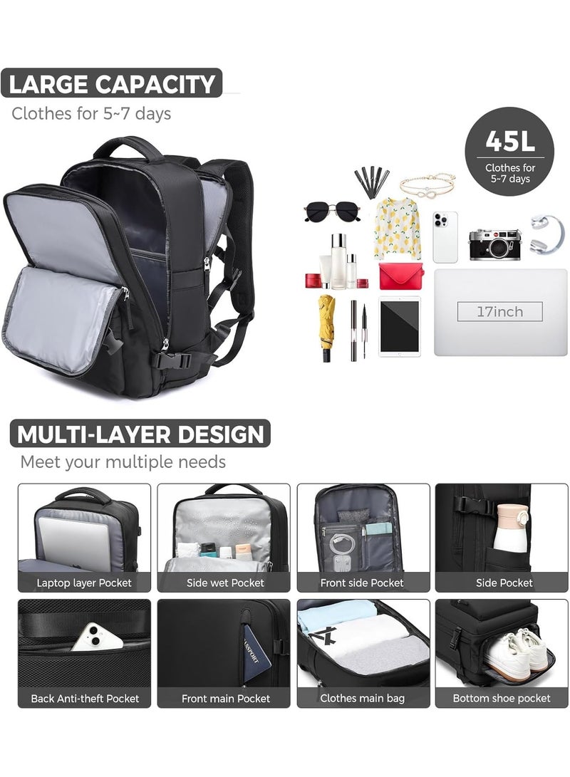 Luggage Travel Bag Backpack for Men and Women, Large Capacity Laptop Compartment, Carry On, Anti-Theft, Waterproof, Airline Approved, Travel Backpack with USB Charging Port (3 colors)