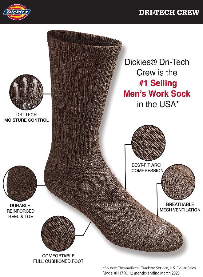 Dickies mens Dri-tech Moisture Control Crew Multipack Casual Sock, Essential Worker Brown (6 Pairs), Shoe Size 6-12 US