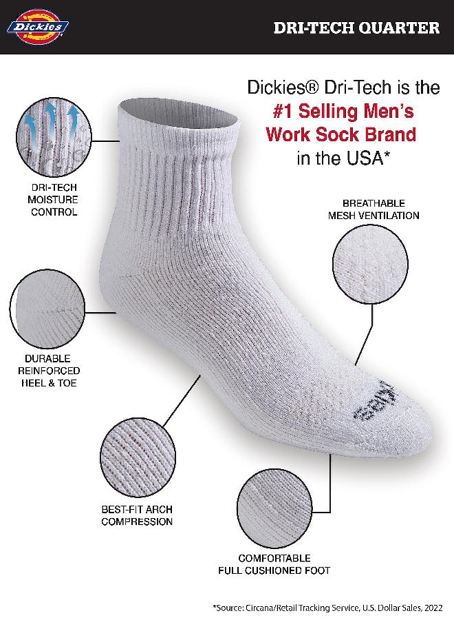 Dickies Men's Dri-tech Moisture Control Quarter Socks Multipack, Solid White (6 Pairs), Shoe Size: 12-15
