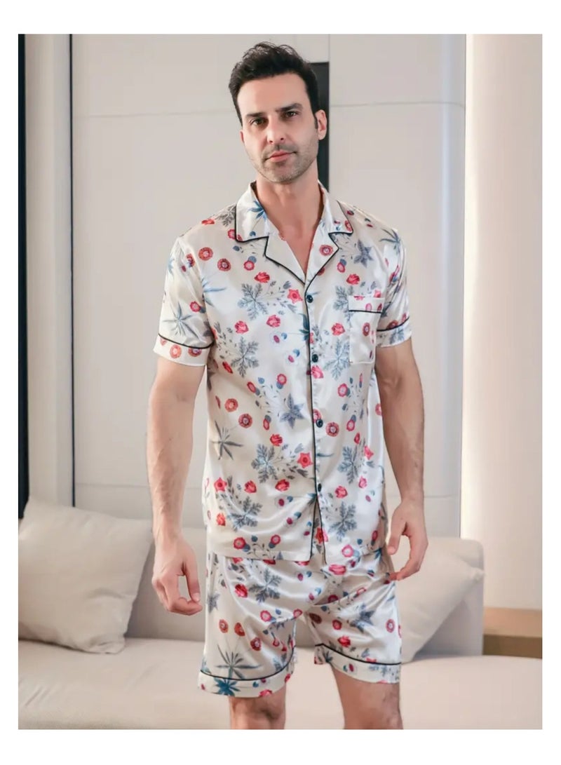 2 Pieces Mens  Short Sleeves Pajama Set Satin Loungewear For Men