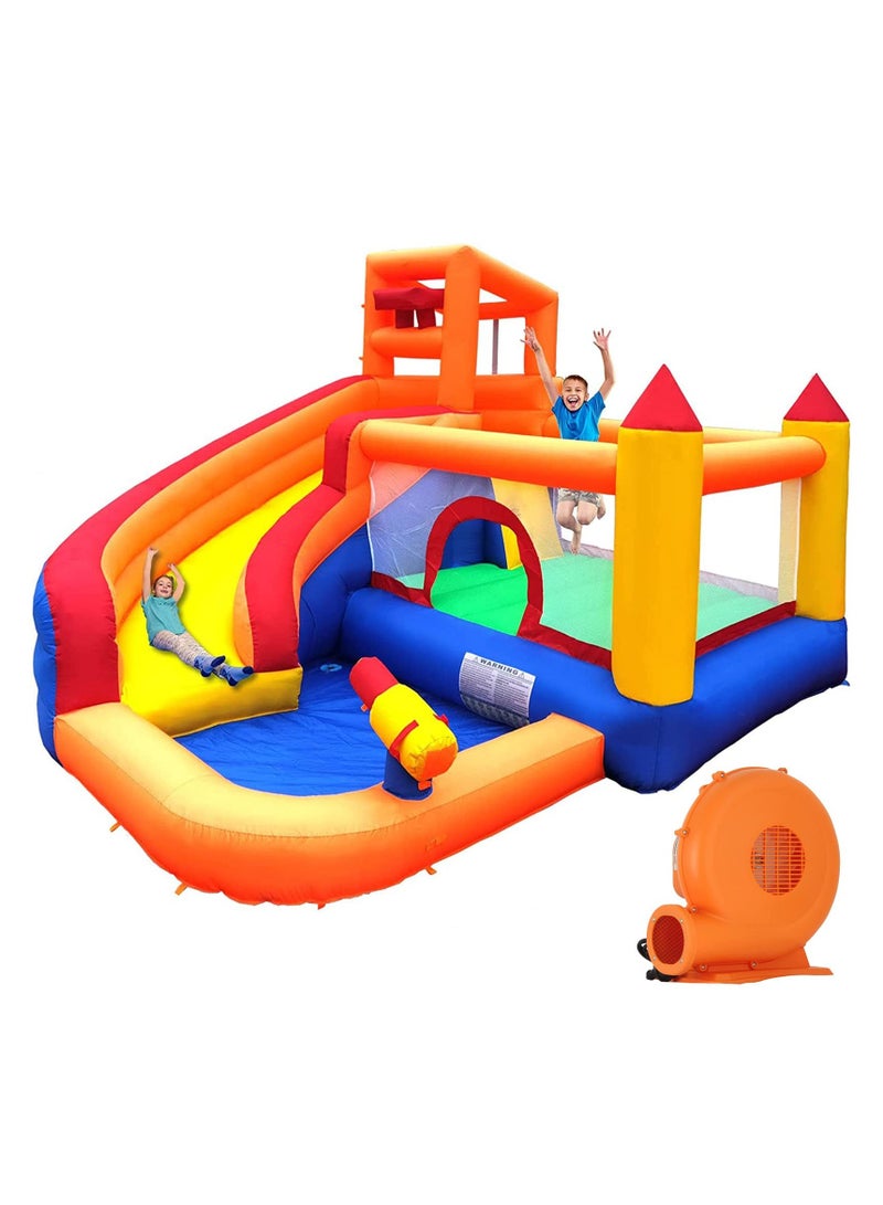 Bouncy Castle Inflatable Trampoline Bounce House with Slide Climbing Wall Ball Pit Cannon Bucket Dump for Kids Indoor Outdoor